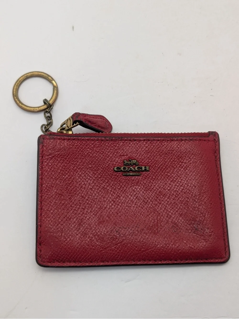 Coach Red Leather Card Case Coin Wallet Purse Keychain